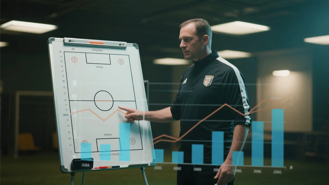 教练战术板与数据图表叠加的视觉概念图