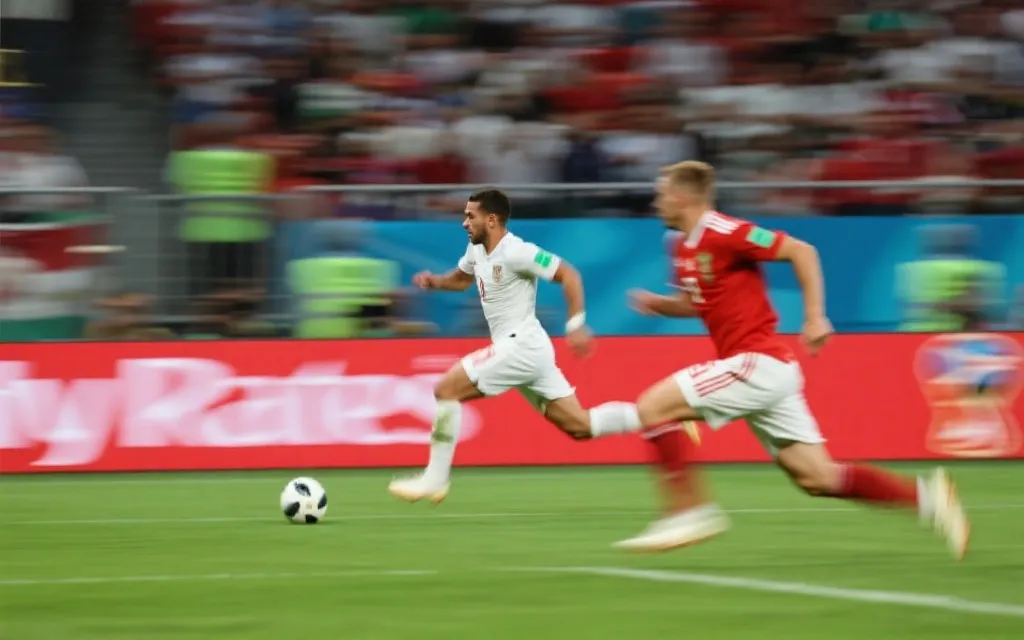 世界杯淘汰赛中反击瞬间：少数触球快速推进并完成射门的画面