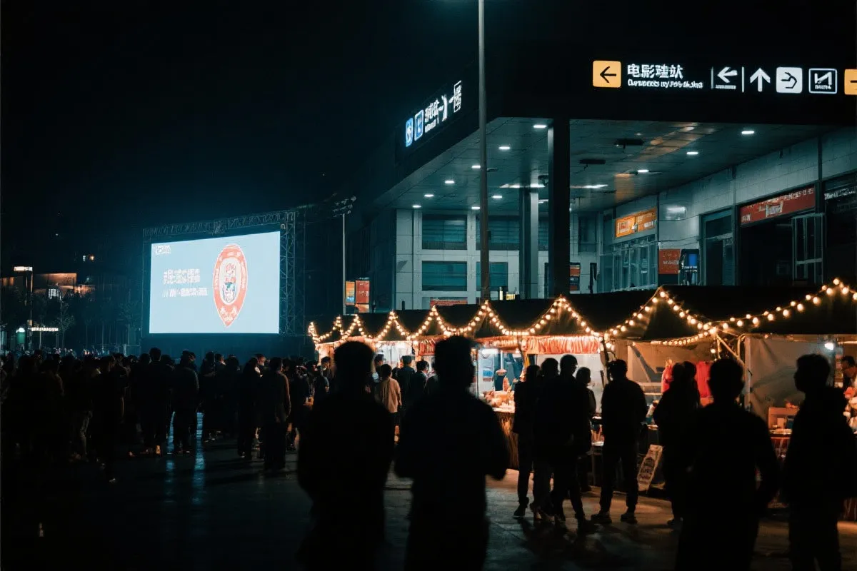 费城球迷广场夜景：大屏观赛人群、步行指示牌与公共交通入口