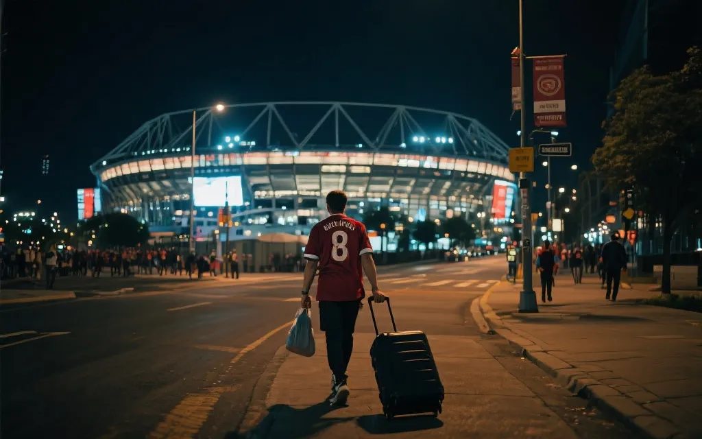 球迷在城市街区拖着行李箱，远处是体育场与夜景，体现赛后错峰旅行与返程规划