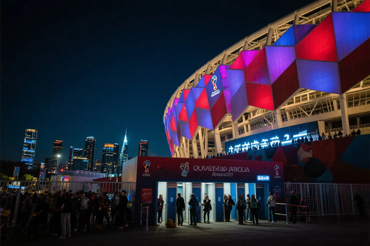 世界杯决赛球场外夜幕与灯光，人潮涌动进入场馆的沉浸式氛围